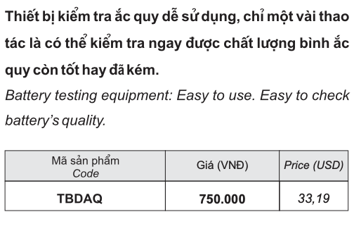 BẢNG GIÁ THIẾT BỊ KIỂM TRA ẮC QUY (PRICE LIST BATTERY TESTING EQUIPMENT)