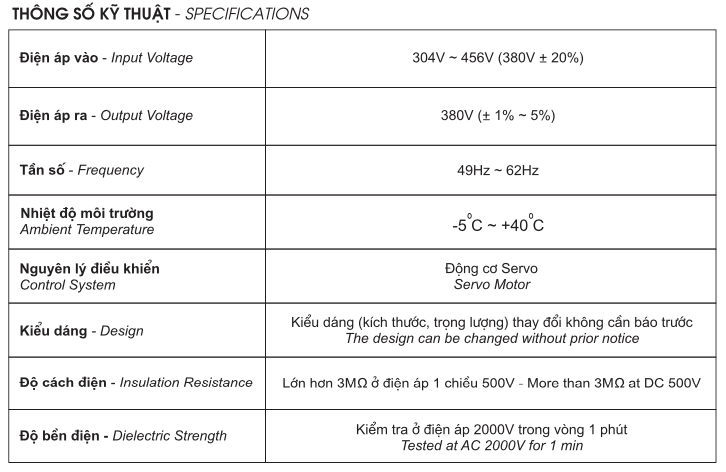 THÔNG SỐ KỸ THUẬT ỔN ÁP TỰ ĐỘNG 3 PHA NGÂM DẦU (A.V.S 3 PHASES-OIL FILLED SPECIFICATIONS)